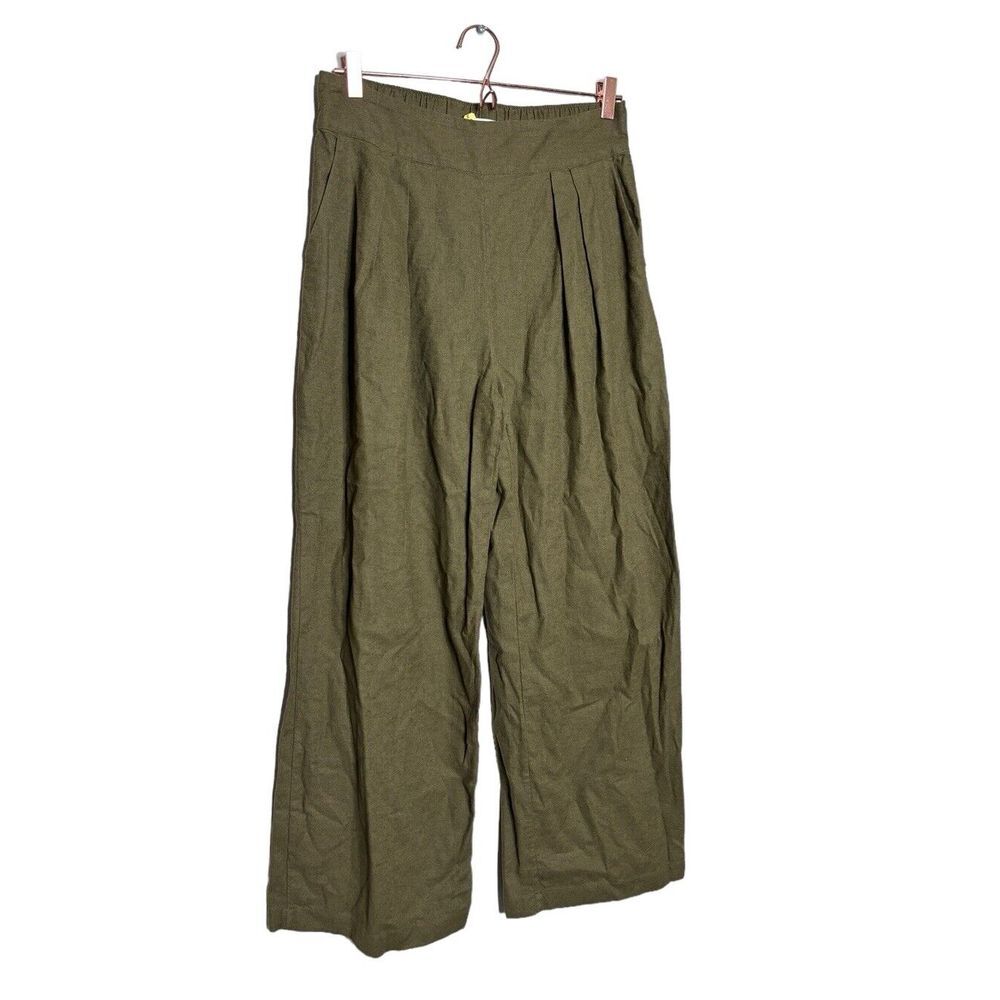 Abercrombie Linen-Blend Wide Leg Olive Green Pleated Trouser Pant Pull On Md